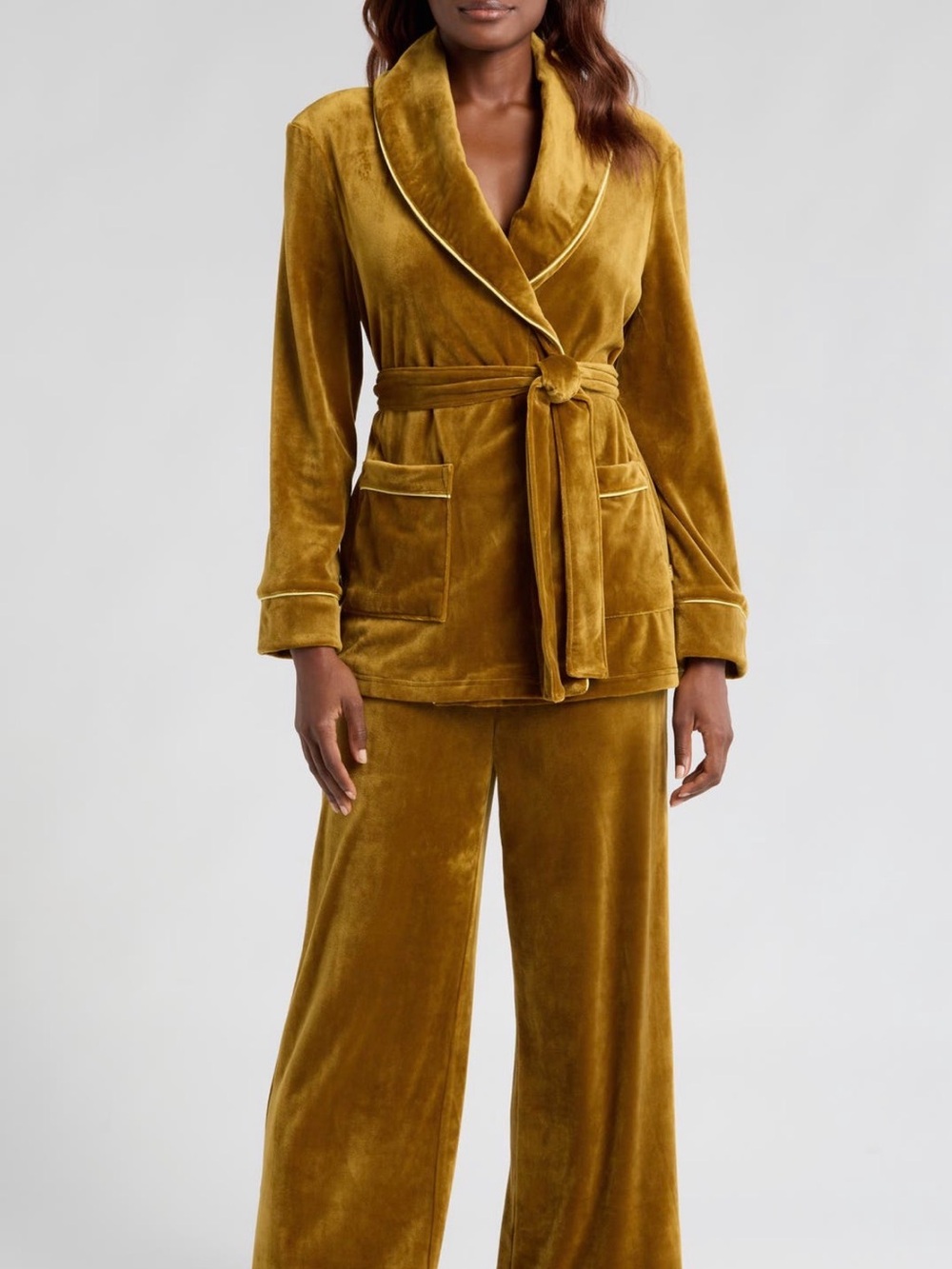 UGG Velvet Tie-Waist Wide-Leg Pants Panama Lounge Two-Piece Set - Mustard